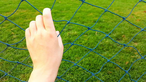 Cropped hand of person holding net on ground
