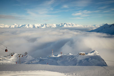 Scenic view of snowcapped mountains against sky