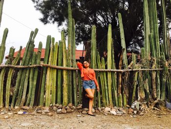 Full length of young woman standing against cactus plants