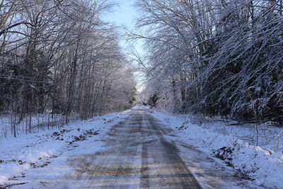 Snow covered road amidst trees during winter