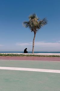 Rear view of woman sitting on beach against clear blue sky