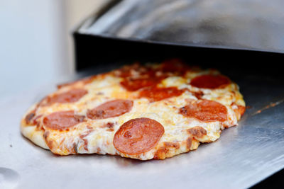 High angle view of pizza on table