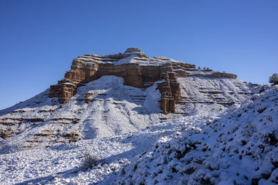 Scenic view of snowcapped mountains against clear blue sky