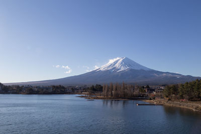 Scenic view of snowcapped mountains against clear blue sky