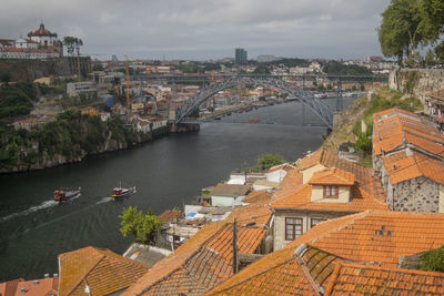 High angle view of river amidst buildings in city