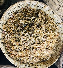 High angle view of dry leaves in basket