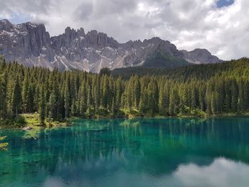 Scenic view of lake by mountains against sky