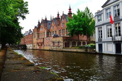 Houses by canal against sky