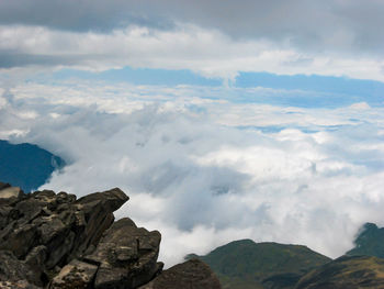 Scenic view of mountains against cloudy sky