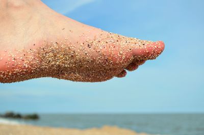 Low section of person on beach against sky