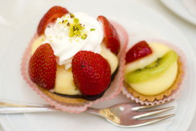 Directly above shot of strawberry cake in plate