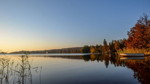 Scenic view of lake against clear sky at sunset