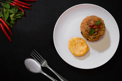 High angle view of breakfast served on table