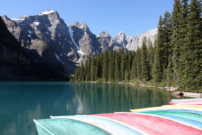 Boats moored at lake in banff national park