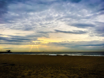 Scenic view of beach against sky during sunset