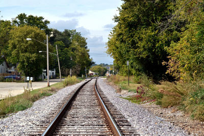 Railway tracks amidst trees against sky