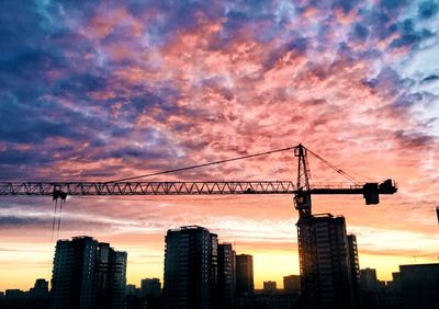 Low angle view of cranes at sunset