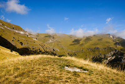 Scenic view of landscape against sky in montefortino, marche italy