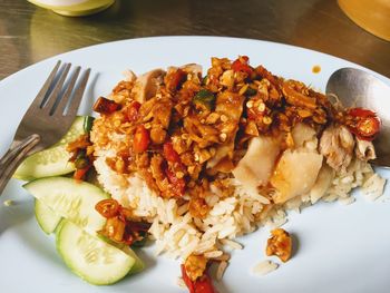 High angle view of breakfast served on table