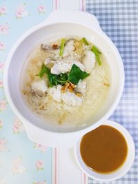 High angle view of soup in bowl on table