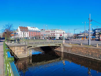 Bridge over river in city against clear blue sky