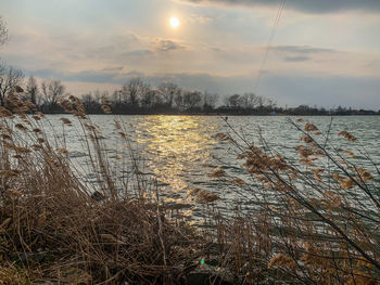 Scenic view of lake against sky during sunset