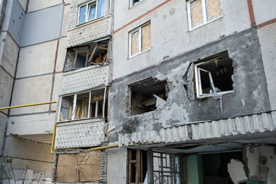 War in ukraine 2022. destroyed, bombed and burned residential building after russian missiles
