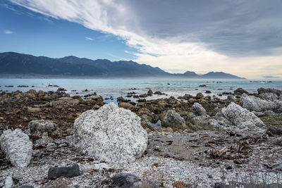 Rocks on shore by sea against sky