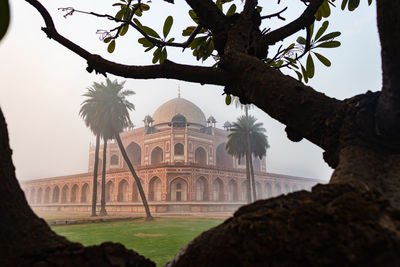 Humayun tomb exterior view at misty morning from unique perspective