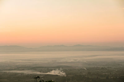 High angle view of landscape against sky during sunset