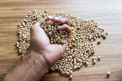 Close-up of hand holding beans on table