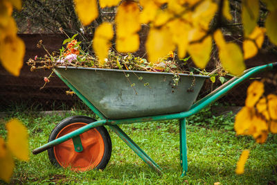 A garden steel robust wheelbarrow with garden garbage. concept preparing garden for winter season