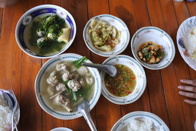 High angle view of food served on table