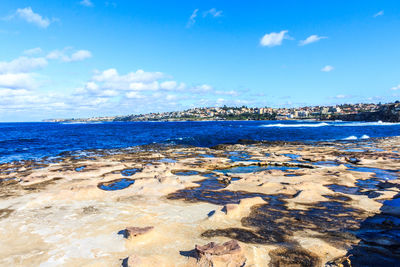 Scenic view of beach against blue sky