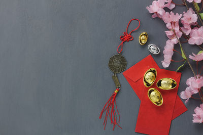 High angle view of various objects on gray background