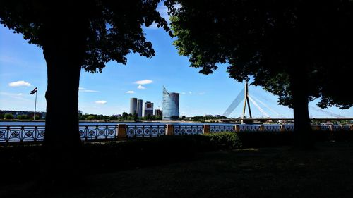 Bridge over river with city in background