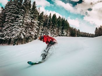 Person skiing on snow covered landscape