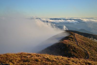 Aerial view of volcanic landscape against sky