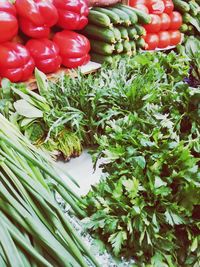 High angle view of vegetables for sale in market