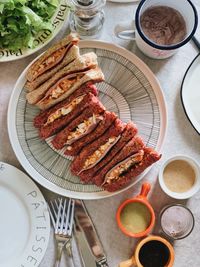 High angle view of breakfast served on table