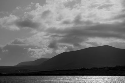 Scenic view of lake by silhouette mountains against sky