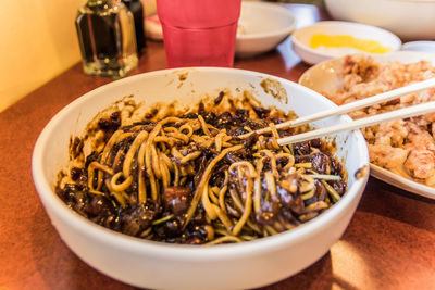 Close-up of meal served on table