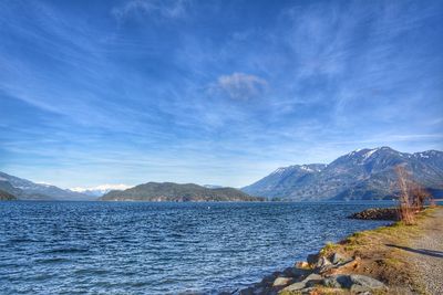 Scenic view of lake against blue sky