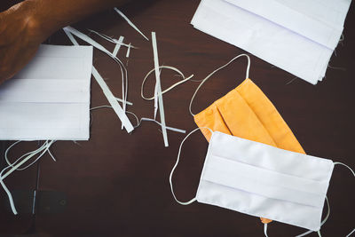 High angle view of paper on table