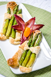 High angle view of food in plate on table