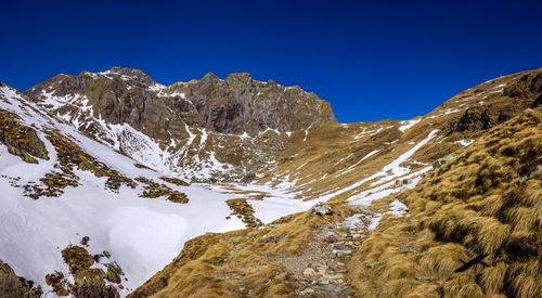 Snowcapped mountains against clear blue sky