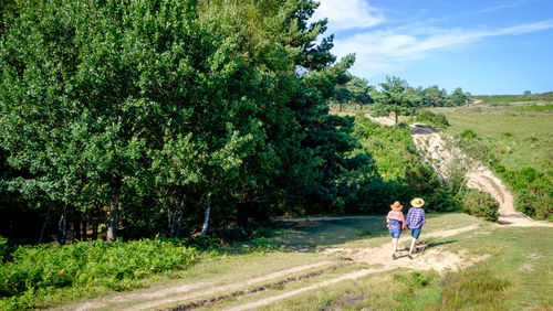 People on road amidst trees