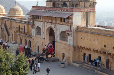 Decorated elephants carrying tourists at amber fort in jaipur, rajasthan, india