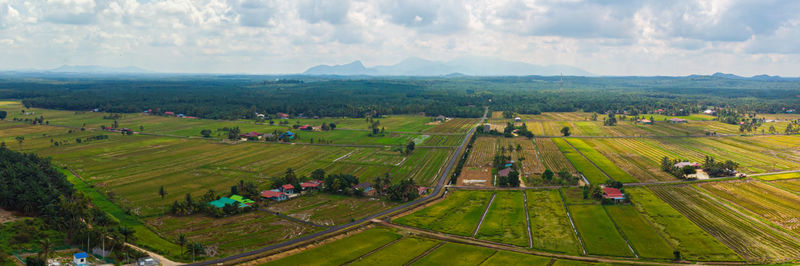 High angle view of agricultural field against sky