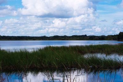 Scenic view of lake against cloudy sky